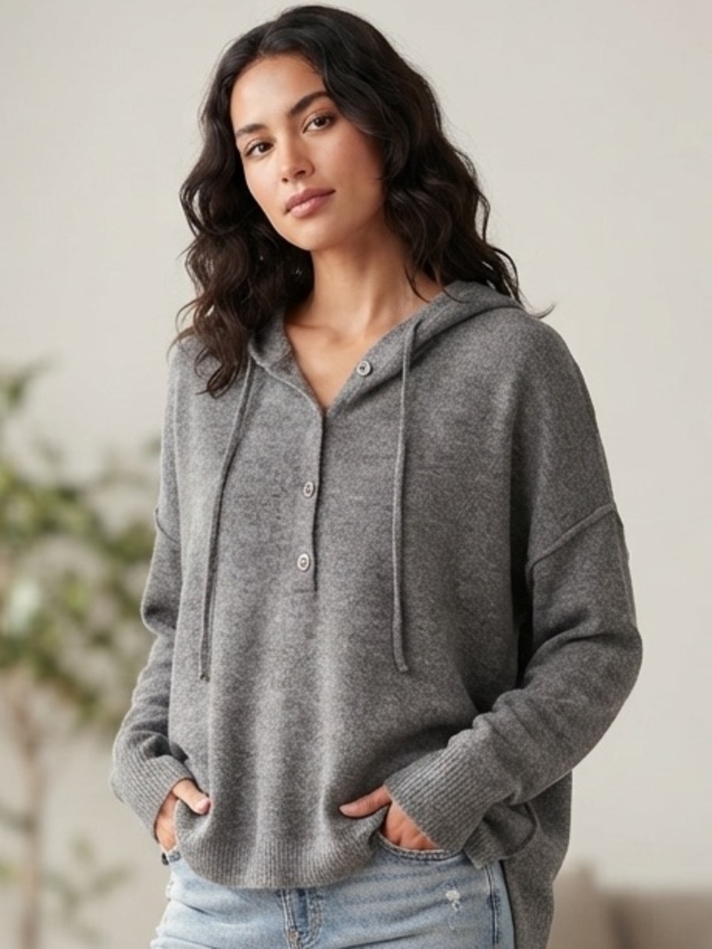 NWT Kori Women’s Gray Boyfriend oversized Hooded Henley Pullover Size Medium